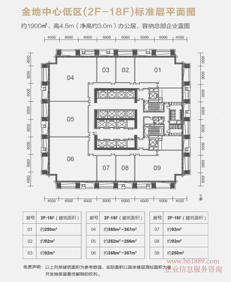 金地中心 無(wú)柱設(shè)計(jì) 寫(xiě)字樓 2F到18F 標(biāo)準(zhǔn)層平面圖片